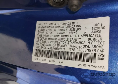 2019 Honda Civic Sport from USA, damaged, VIN 2HGFC4B85KH307871